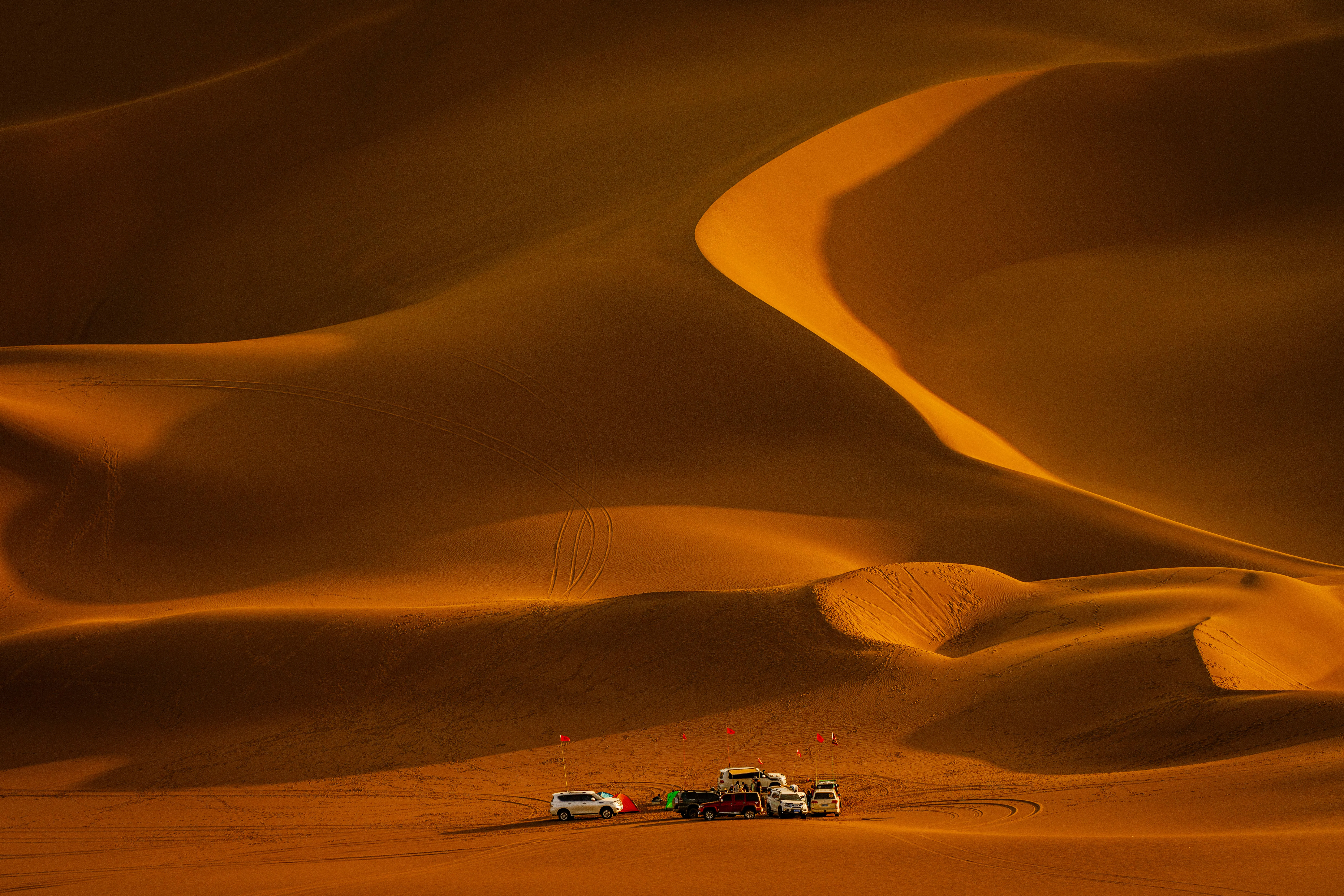 Vehicles gathered beneath towering golden dunes in Liwa's Empty Quarter.
