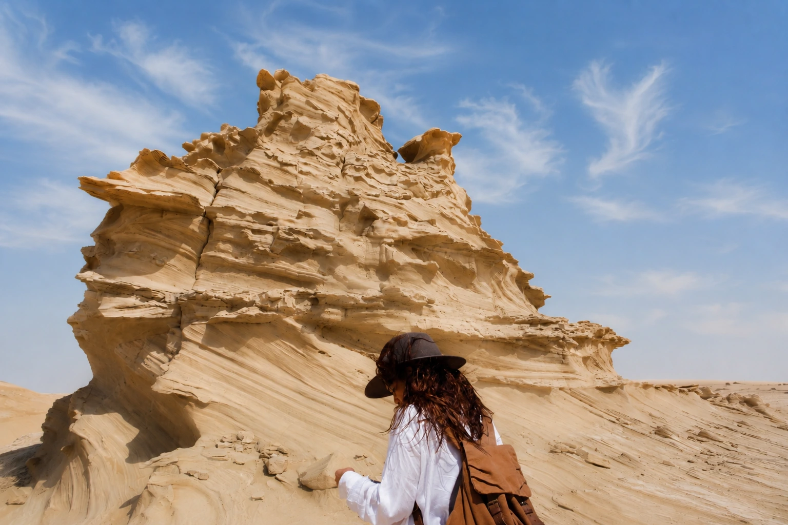 A visitor exploring the Al Wathba Fossil Dunes.