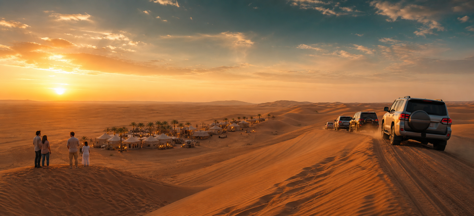 Golden-hour desert dunes in the UAE with a cinematic premium travel atmosphere.